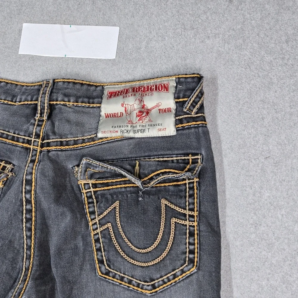 True Religion Men Jeans 36 Gray Denim Rocco Ricky Relaxed Straight Thick Stitch